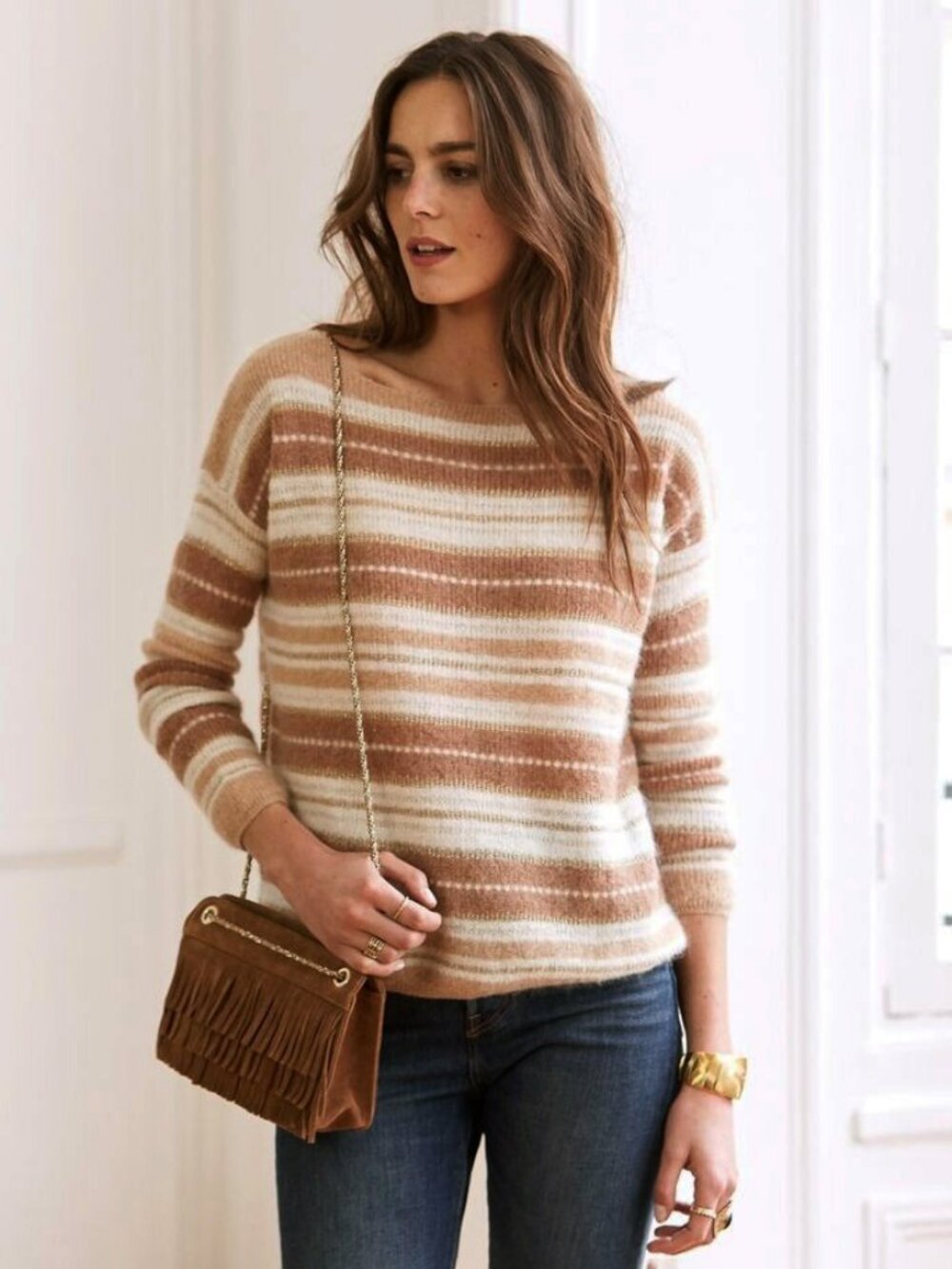 EUC Sezane Kate Mohair Alpaca Sparkle Stripe Sweater Camel Ecru XL